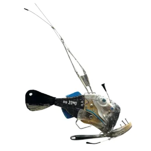 Scultura polimaterica raffigurante un pesce abissale con lunghe antenne ad asta, bocca con chiodi come denti e scritta ABISSALE IN SUPERFICIE P.F. 2024