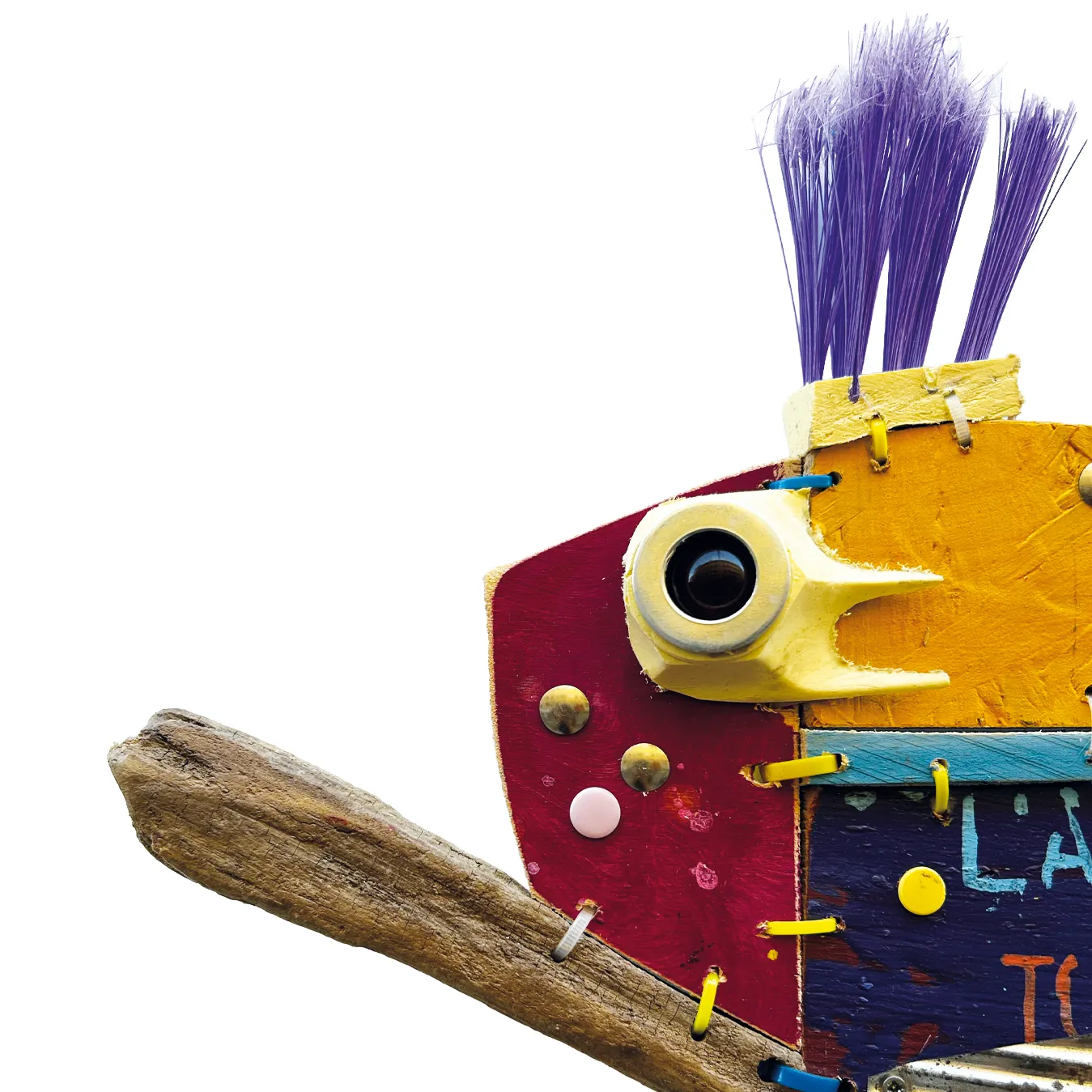 Dettaglio della testa di un pesce in legno rosso e giallo con occhio incassato in plastica, cresta di setole viola e elemento in legno levigato come bocca