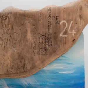 Dettaglio ravvicinato della coda in legno della scultura 'Moby Impegnato Sentimentalmente', che mostra la firma dell'artista P.F., l'anno e il numero 24 incisi sulla venatura del legno di recupero