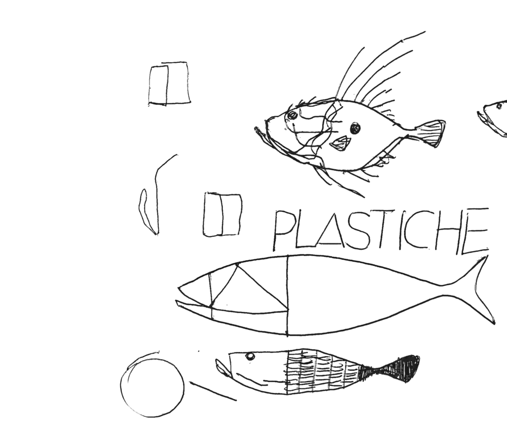 sketch-2 Bozzetto artistico con disegni stilizzati a china nera di vari pesci e la scritta 'PLASTICHE', studio preparatorio per le opere di Art Pesce Fresco.