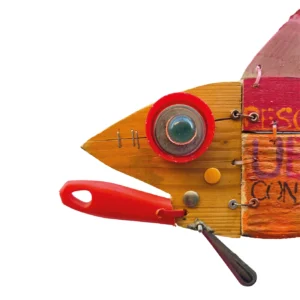 Dettaglio della testa del Pesce Ubex con Cicatrice con grande occhio a ghiera rossa e sfera di vetro, bocca in plastica rossa e cucchiaio ventrale