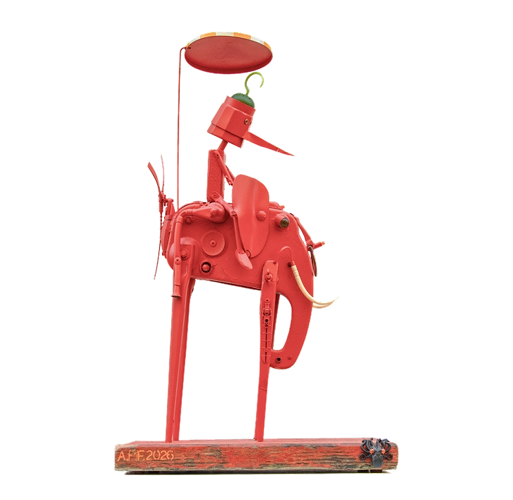 incontro-imprevisto Scultura interamente verniciata di color aragosta realizzata con oggetti di recupero che rappresenta una figura a cavallo di un elefante, montata su base in legno