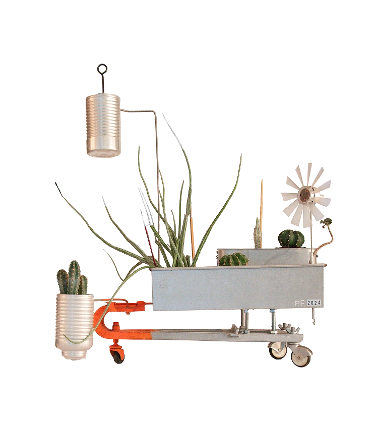 porta piante su ruote Porta piante su ruote realizzata con contenitori metallici, lattine di alluminio, una girandola e piante grasse su sfondo bianco