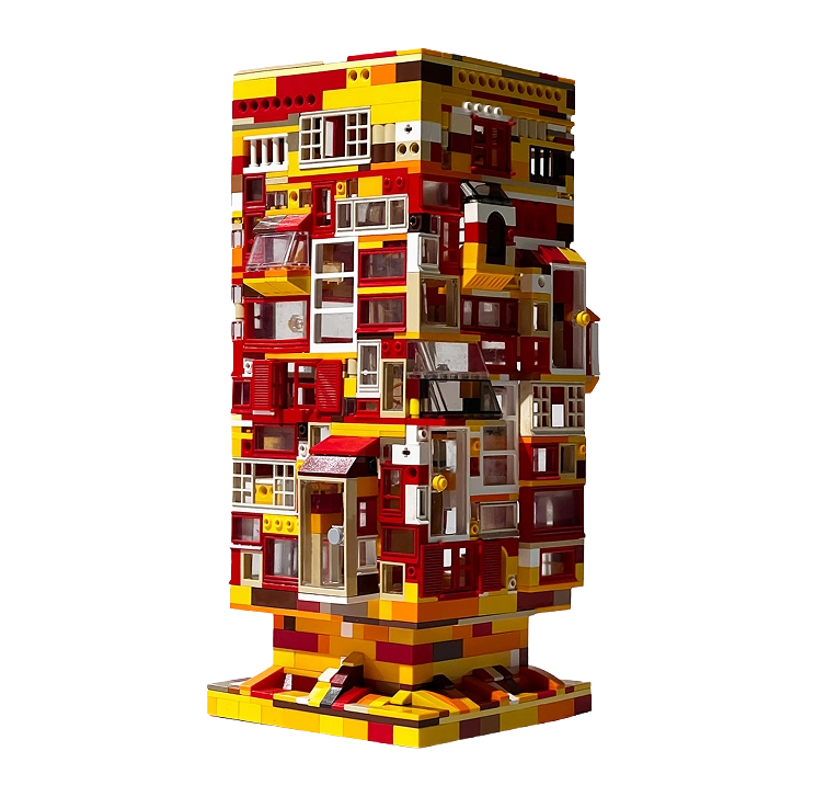 warm windows lamp Lampada da tavolo a forma di torre di palazzo realizzata con mattoncini tipo Lego e porticine giocattolo nei toni del giallo, rosso e arancione.
