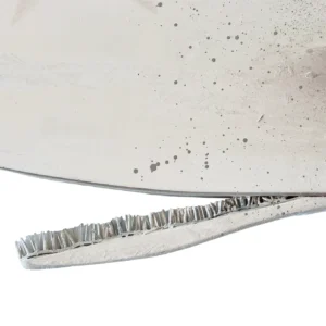 Dettaglio della mandibola inferiore dentellata e della superficie bianca schizzata di una scultura raffigurante un capodoglio