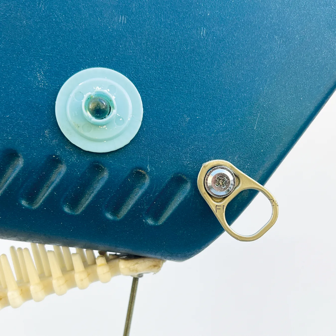 Dettaglio della testa della scultura Balena Geo con occhio in plastica, pettine bianco come denti e linguetta di lattina applicata