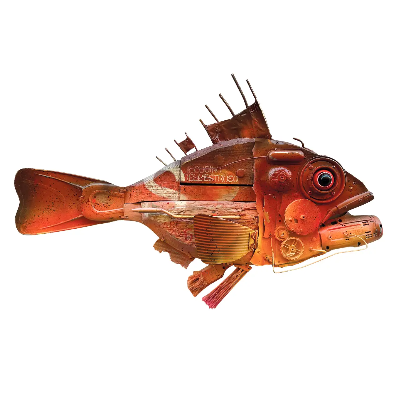 Scultura a parete in legno e metallo arancione a forma di pesce con ingranaggi e scritta IL CUGINO DELL'ESTROSO